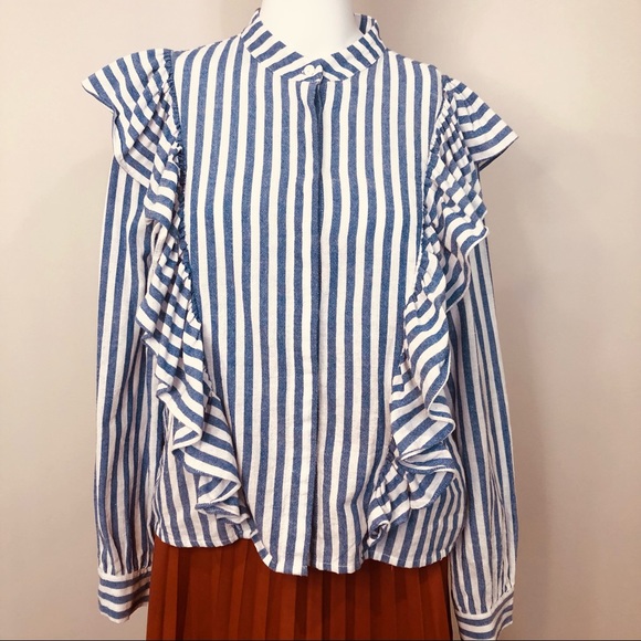 SOLD Blue & White Stripe Cotton Long Sleeve MVN Ruffle Button Up Shirt 12 - Picture 12 of 16